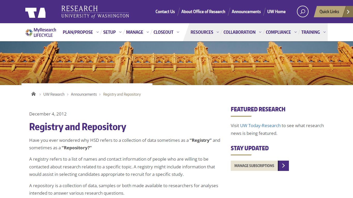 Registry and Repository - UW Research